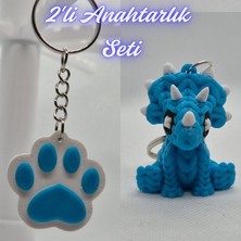 3D Atölye Maker Açık Mavi Kedi Patisi ve Açık Mavi Örgü Desen Triceratops Anahtarlık