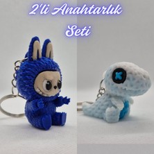 3D Atölye Maker  Mavi Labubu ve Beyaz Örgü Desen Hareketli Dino Anahtarlık