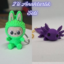 3D Atölye Maker  Yeşil Labubu ve Mor Esnek Büyük Axolot Anahtarlık