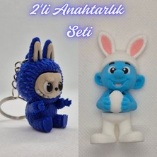 3D Atölye Maker  Mavi Labubu ve Şirinler Anahtarlık