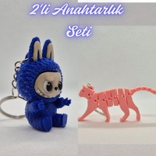 3D Atölye Maker  Mavi Labubu ve Açık Pembe Esnek Kedi Anahtarlık