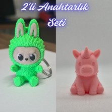 3D Atölye Maker  Yeşil Labubu ve Açık Pembe Unicorn Anahtarlık
