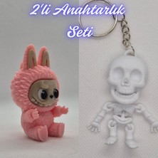 3D Atölye Maker  Açık Pembe Labubu ve Beyaz Esnek Yunus Anahtarlık