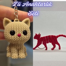 3D Atölye Maker  Krem Örgü Desenli Kedi ve Kırmızı Esnek Kedi Anahtarlık