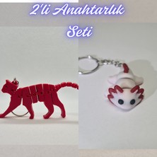 3D Atölye Maker  Kırmızı Esnek Kedi ve Açık Pembe Esnek Axolot Anahtarlık