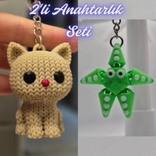 3D Atölye Maker  Krem Örgü Desenli Kedi ve Yeşil Hareketli Deniz Yıldızı Anahtarlık