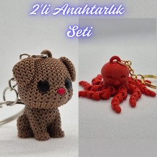 3D Atölye Maker  Koyu Kahverengi Örgü Desenli Köpek ve Pembe Ahtapot  Anahtarlık