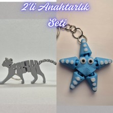 3D Atölye Maker  Gümüş Esnek Kedi ve Açık Mavi Hareketli Deniz Yıldızı Anahtarlık