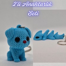 3D Atölye Maker  Açık Mavi Örgü Desenli Köpek ve Açık Mavi Esnek Ejder Anahtarlık