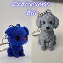 3D Atölye Maker  Mavi Örgü Desenli Köpek ve Gümüş Poddle Köpek Anahtarlık
