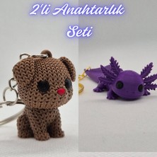 3D Atölye Maker  Koyu Kahverengi Örgü Desenli Köpek ve Mor Esnek Büyük Axolot Anahtarlık