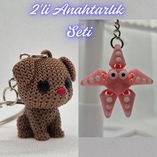 3D Atölye Maker  Koyu Kahverengi Örgü Desenli Köpek ve Pembe Hareketli Deniz Yıldızı Anahtarlık