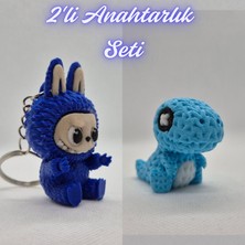 3D Atölye Maker  Mavi Labubu ve Açık Mavi Örgü Desen Hareketli Dino Anahtarlık