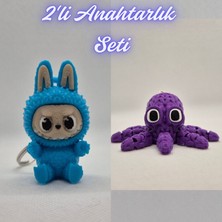 3D Atölye Maker  Açık Mavi Labubu ve Mor Örgü Desen Ahtapot Anahtarlık
