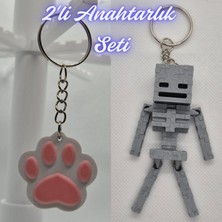 3D Atölye Maker  Açık Pembe Kedi Patisi ve Gümüş MineCraft Skeleton Anahtarlık