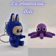 3D Atölye Maker  Mavi Labubu ve Mor Örgü Desen Ahtapot Anahtarlık