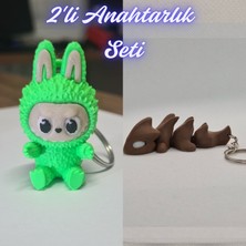 3D Atölye Maker  Yeşil Labubu ve Koyu Kahverengi Esnek Ejder Anahtarlık
