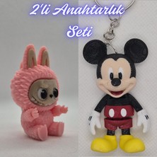 3D Atölye Maker  Açık Pembe Labubu ve Esnek Mickey Mouse Anahtarlık