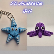 3D Atölye Maker  Açık Mavi Hareketli Deniz Yıldızı ve Mor Örgü Desen Ahtapot Anahtarlık