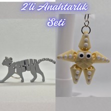 3D Atölye Maker  Gümüş Esnek Kedi ve Açık Sarı Hareketli Deniz Yıldızı Anahtarlık
