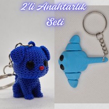 3D Atölye Maker  Mavi Örgü Desenli Köpek ve Açık Mavi Esnek Vatoz Anahtarlık