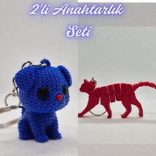 3D Atölye Maker  Mavi Örgü Desenli Köpek ve Kırmızı Esnek Kedi Anahtarlık