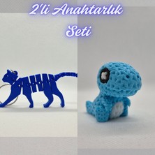 3D Atölye Maker  Mavi Esnek Kedi ve Açık Mavi Örgü Desen Hareketli Dino Anahtarlık