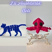3D Atölye Maker  Mavi Esnek Kedi ve Kırmızı Kalamar Anahtarlık