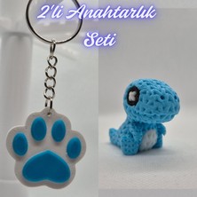 3D Atölye Maker  Açık Mavi Kedi Patisi ve Açık Mavi Örgü Desen Hareketli Dino Anahtarlık