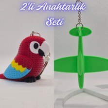 3D Atölye Maker  Kırmızı Örgü Desen Papağan ve Yeşil Uçak Anahtarlık