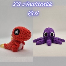 3D Atölye Maker  Kırmızı Örgü Desen Hareketli Dino ve Mor Örgü Desen Ahtapot Anahtarlık