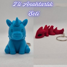 3D Atölye Maker  Mavi Unicorn ve Kırmızı Esnek Ejder Anahtarlık