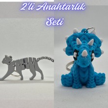 3D Atölye Maker  Gümüş Esnek Kedi ve Açık Mavi Örgü Desen Triceratops Anahtarlık