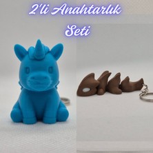 3D Atölye Maker  Mavi Unicorn ve Koyu Kahverengi Esnek Ejder Anahtarlık
