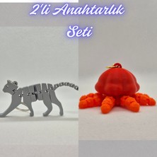 3D Atölye Maker  Gümüş Esnek Kedi ve Turuncu Hareketli Deniz Anası Anahtarlık