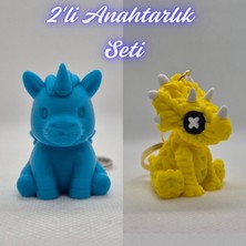 3D Atölye Maker Mavi Unicorn ve Sarı Örgü Desen Triceratops Anahtarlık