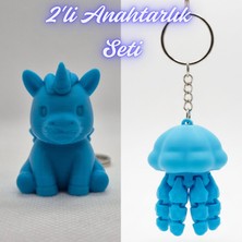 3D Atölye Maker  Mavi Unicorn ve Açık Mavi Hareketli Deniz Anası Anahtarlık