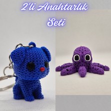 3D Atölye Maker Mavi Örgü Desenli Köpek ve Mor Örgü Desen Ahtapot Anahtarlık