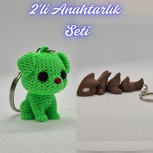 3D Atölye Maker  Açık Yeşil Örgü Desenli Köpek ve Koyu Kahverengi Esnek Ejder Anahtarlık