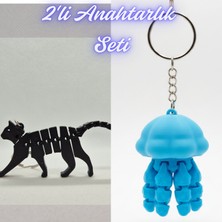 3D Atölye Maker  Siyah Esnek Kedi ve Açık Mavi Hareketli Deniz Anası Anahtarlık
