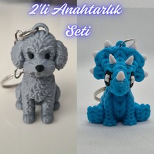 3D Atölye Maker  Gümüş Poddle Köpek ve Açık Mavi Örgü Desen Triceratops Anahtarlık