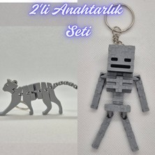 3D Atölye Maker  Gümüş Esnek Kedi ve Gümüş MineCraft Skeleton Anahtarlık