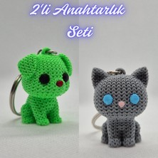 3D Atölye Maker Açık Yeşil Örgü Desenli Köpek ve Gümüş Örgü Desenli Kedi Anahtarlık