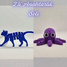 3D Atölye Maker  Mavi Esnek Kedi ve Mor Örgü Desen Ahtapot Anahtarlık