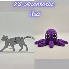3D Atölye Maker  Gümüş Esnek Kedi ve Mor Örgü Desen Ahtapot Anahtarlık