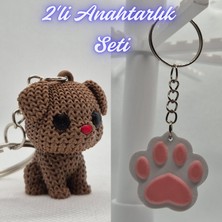 3D Atölye Maker  Koyu Kahverengi Örgü Desenli Köpek ve Açık Pembe Kedi Patisi Anahtarlık