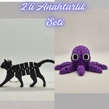 3D Atölye Maker  Siyah Esnek Kedi ve Mor Örgü Desen Ahtapot Anahtarlık