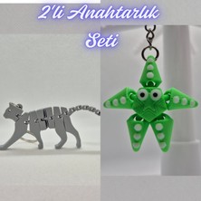 3D Atölye Maker  Gümüş Esnek Kedi ve Yeşil Hareketli Deniz Yıldızı Anahtarlık