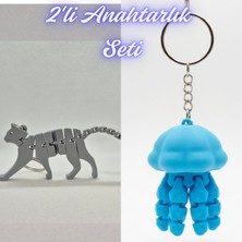 3D Atölye Maker  Gümüş Esnek Kedi ve Açık Mavi Hareketli Deniz Anası Anahtarlık