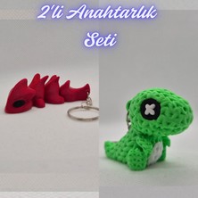 3D Atölye Maker  Kırmızı Esnek Ejder ve Yeşil Örgü Desen Hareketli Dino Anahtarlık